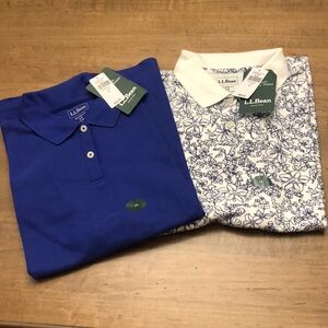2 for 1! Short-sleeved LL Bean polos. Solid purple & floral patterned white/navy